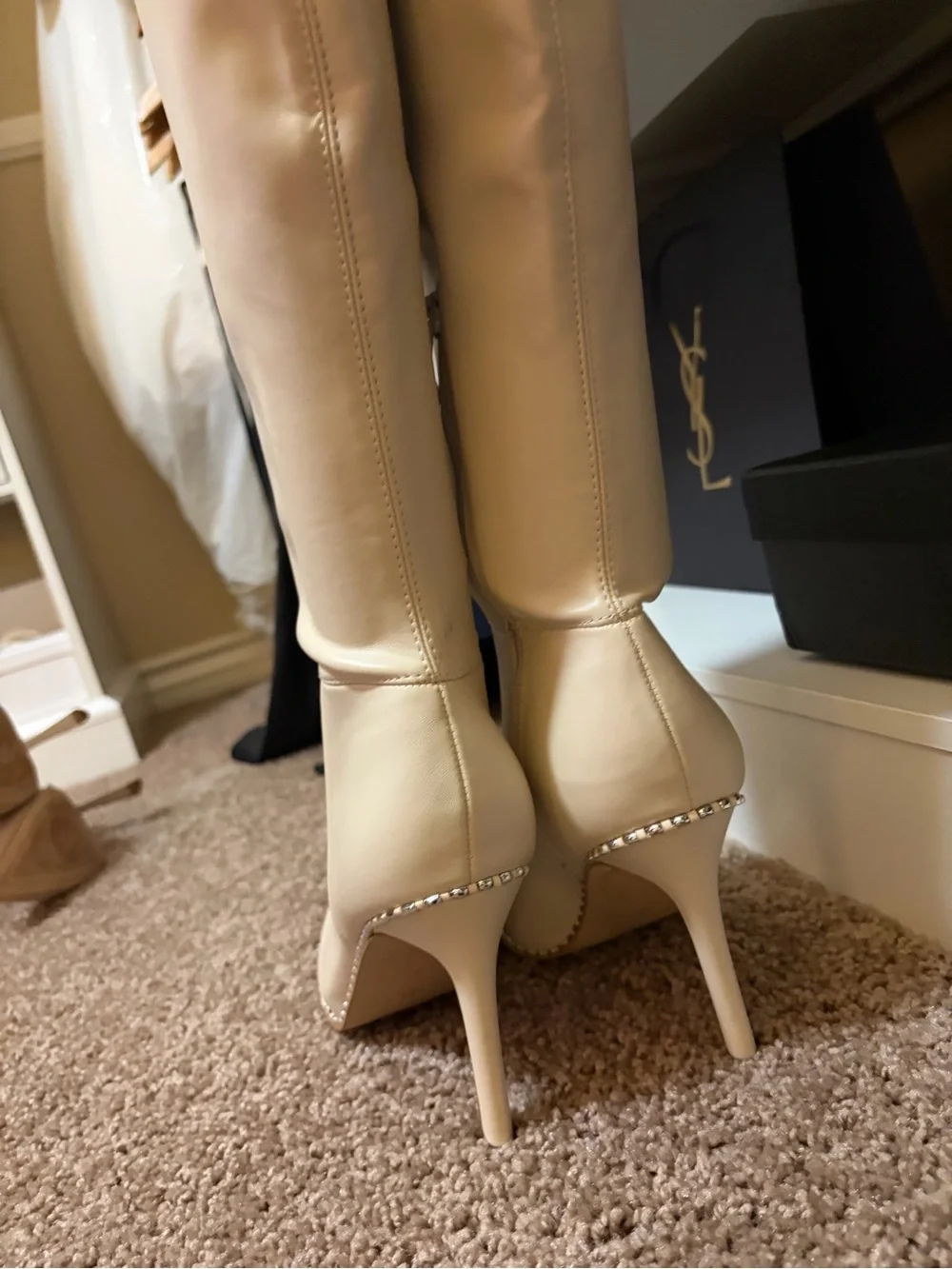 BCBG Cream Leather Over-the-Knee Pointed Toe healed Boots-New
